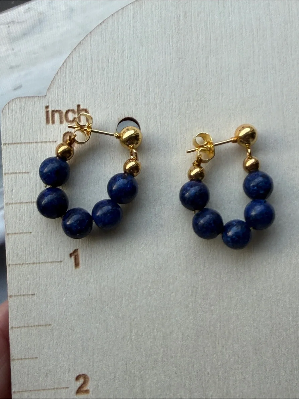 Gold and Blue Bead Hoop Earrings Lapis-Lazuli Gemstone